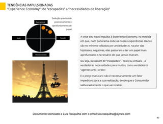 TENDÊNCIAS	
  IMPULSIONADAS	
  
“Experience Economy”: de “escapadas” a “necessidades de liberação”
A crise deu novo impulso à Experience Economy, na medida
em que, num panorama onde as nossas experiências diárias
são no mínimo toldadas por ansiedades e, na pior das
hipóteses, negativas, elas passaram a ter um papel mais
aprofundado e necessário do que jamais tiveram.
Ou seja, passaram de “escapadas” – reais ou virtuais – a
verdadeiras necessidades para muitos, como verdadeiros
“agentes anti –stress”.
E o preço mais caro não é necessariamente um fator
impeditivo para a sua realização, desde que o Consumidor
saiba exatamente o que vai receber.
Aspiracional	
  
Revolucionário	
  
Ação	
   Reação	
  
Evolução prevista de
posicionamento e
aprofundamento de
papel
80	
  
Documento licenciado a Luis Rasquilha com o email luis.rasquilha@ayrww.com
 