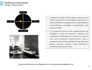 TENDÊNCIAS	
  ESTABILIZADAS	
  
“Design = Wow Good?”
1.  A evolução do Design caminha cada vez mais para uma
simbiose entre forma e funcionalidade, associando-se a
valores presentes na sociedade como a sustentabilidade,
a personalização, a tecnologia, a automatização, e até
mesmo a inclusão.
2.  E, em épocas de cada vez maior congestionamento de
mensagens e busca de economias e eﬁciência nos
investimentos de Marketing, ele orientar-se-á, cada vez
mais, para verdadeiras “peças-anúncio”, onde a
experiência da Marca seja antecipada só pelo olhar para
poder-se sobressair, interessar e gerar lembrança e
consideração adicionais de marca.
Aspiracional	
  
Revolucionário	
  
Ação	
   Reação	
  
90	
  
Documento licenciado a Luis Rasquilha com o email luis.rasquilha@ayrww.com
 