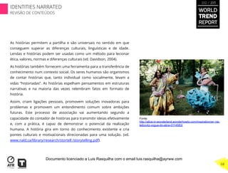 As histórias permitem a partilha e são universais no sentido em que
conseguem superar as diferenças culturais, linguísticas e de idade.
Lendas e histórias podem ser usadas como um método para lecionar
ética, valores, normas e diferenças culturais (vd. Davidson, 2004).
As histórias também fornecem uma ferramenta para a transferência de
conhecimento num contexto social. Os seres humanos são organismos
de contar histórias que, tanto individual como socialmente, levam a
vidas “historiadas”. As histórias espelham pensamentos em estruturas
narrativas e na maioria das vezes relembram fatos em formato de
história.
Assim, criam ligações pessoais, promovem soluções inovadoras para
problemas e promovem um entendimento comum sobre ambições
futuras. Este processo de associação vai aumentando segundo a
capacidade do contador de histórias para transmitir ideias efetivamente
e, com a prática, é capaz de demonstrar o potencial da realização
humana. A história gira em torno do conhecimento existente e cria
pontes culturais e motivacionais direcionadas para uma solução. (vd.
www.nald.ca/library/research/stortell /storytelling.pdf).
Fonte:
http://alice-in-wonderland.wonderhowto.com/inspiration/an nie-
leibovitz-vogue-do-alice-0114583/
WORLD
TREND
REPORT
2012 / 2013
68
IDENTITIES NARRATED
REVISÃO DE CONTEÚDOS
Documento licenciado a Luis Rasquilha com o email luis.rasquilha@ayrww.com
 