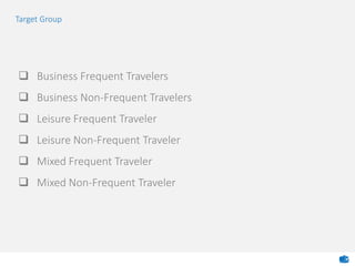  Business Frequent Travelers
 Business Non-Frequent Travelers
 Leisure Frequent Traveler
 Leisure Non-Frequent Traveler
 Mixed Frequent Traveler
 Mixed Non-Frequent Traveler
Target Group
 