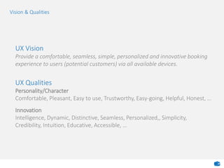 Vision & Qualities
UX Vision
Provide a comfortable, seamless, simple, personalized and innovative booking
experience to users (potential customers) via all available devices.
UX Qualities
Personality/Character
Comfortable, Pleasant, Easy to use, Trustworthy, Easy-going, Helpful, Honest, …
Innovation
Intelligence, Dynamic, Distinctive, Seamless, Personalized,, Simplicity,
Credibility, Intuition, Educative, Accessible, …
 