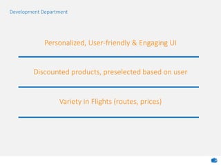 Personalized, User-friendly & Engaging UI
Development Department
Discounted products, preselected based on user
Variety in Flights (routes, prices)
 