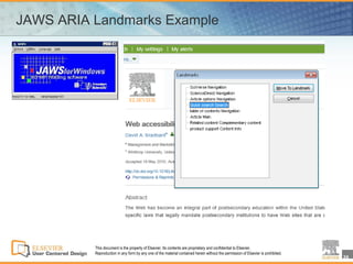 JAWS ARIA Landmarks Example




          This document is the property of Elsevier. Its contents are proprietary and confidential to Elsevier.
          Reproduction in any form by any one of the material contained herein without the permission of Elsevier is prohibited.
                                                                                                                                   26
 