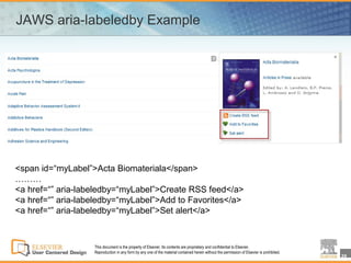 JAWS aria-labeledby Example




<span id=“myLabel”>Acta Biomateriala</span>
………
<a href=“” aria-labeledby=“myLabel”>Create RSS feed</a>
<a href=“” aria-labeledby=“myLabel”>Add to Favorites</a>
<a href=“” aria-labeledby=“myLabel”>Set alert</a>



                   This document is the property of Elsevier. Its contents are proprietary and confidential to Elsevier.
                   Reproduction in any form by any one of the material contained herein without the permission of Elsevier is prohibited.
                                                                                                                                            29
 