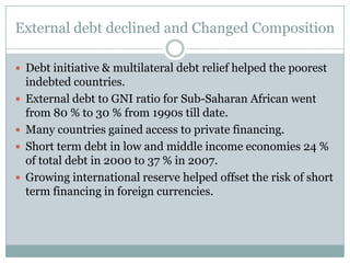 External debt declined and Changed CompositionDebt initiative & multilateral debt relief helped the poorest indebted countries.External debt to GNI ratio for Sub-Saharan African went from 80 % to 30 % from 1990s till date.Many countries gained access to private financing.Short term debt in low and middle income economies 24 % of total debt in 2000 to 37 % in 2007.Growing international reserve helped offset the risk of short term financing in foreign currencies.