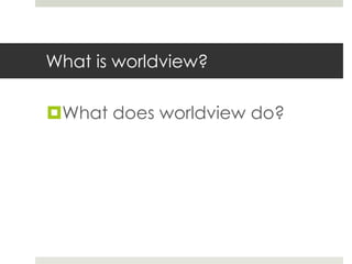 What is worldview?

What does worldview do?

 