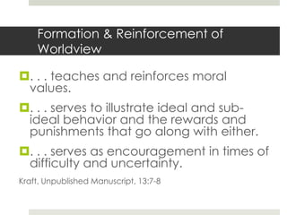 Formation & Reinforcement of
Worldview
. . . teaches and reinforces moral
values.

. . . serves to illustrate ideal and subideal behavior and the rewards and
punishments that go along with either.
. . . serves as encouragement in times of
difficulty and uncertainty.
Kraft, Unpublished Manuscript, 13:7-8

 