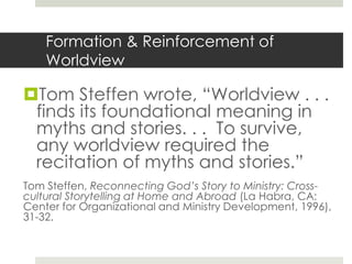 Formation & Reinforcement of
Worldview

Tom Steffen wrote, “Worldview . . .
finds its foundational meaning in
myths and stories. . . To survive,
any worldview required the
recitation of myths and stories.”
Tom Steffen, Reconnecting God’s Story to Ministry: Crosscultural Storytelling at Home and Abroad (La Habra, CA:
Center for Organizational and Ministry Development, 1996),
31-32.

 