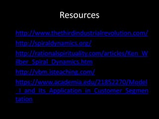 Resources
• http://www.thethirdindustrialrevolution.com/
• http://spiraldynamics.org/
• http://rationalspirituality.com/articles/Ken_W
ilber_Spiral_Dynamics.htm
• http://vbm.isteaching.com/
• https://www.academia.edu/21852270/Model
_I_and_Its_Application_in_Customer_Segmen
tation
 