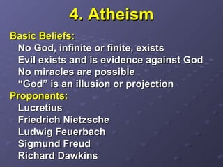 4. Atheism4. Atheism
Basic Beliefs:Basic Beliefs:
No God, infinite or finite, existsNo God, infinite or finite, exists
Evil exists and is evidence against GodEvil exists and is evidence against God
No miracles are possibleNo miracles are possible
““God” is an illusion or projectionGod” is an illusion or projection
Proponents:Proponents:
LucretiusLucretius
Friedrich NietzscheFriedrich Nietzsche
Ludwig FeuerbachLudwig Feuerbach
Sigmund FreudSigmund Freud
Richard DawkinsRichard Dawkins
 