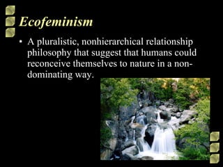 Ecofeminism A pluralistic, nonhierarchical relationship philosophy that suggest that humans could reconceive themselves to nature in a non-dominating way.  
