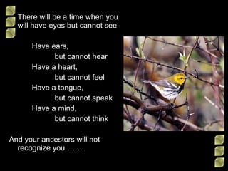 There will be a time when you will have eyes but cannot see Have ears,  but cannot hear Have a heart,  but cannot feel Have a tongue,  but cannot speak Have a mind,  but cannot think And your ancestors will not recognize you ……  