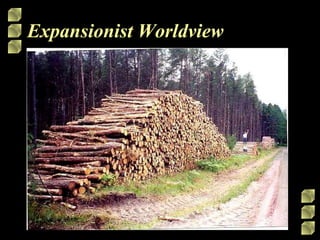 Expansionist Worldview Materials on earth are resources to be used to enhance human lives. The universe is a human machine that can be understood and manipulated to serve human lives. Endless material growth is necessary for human happiness.  