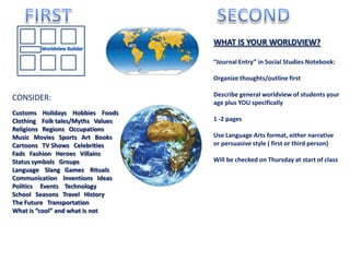 FIRSTSECONDWHAT IS YOUR WORLDVIEW?“Journal Entry” in Social Studies Notebook:Organize thoughts/outline firstDescribe general worldview of students your age plus YOU specifically1 -2 pagesUse Language Arts format, either narrative or persuasive style ( first or third person)Will be checked on Thursday at start of classWorldview BuilderCONSIDER:Customs    Holidays    Hobbies    Foods   Clothing    Folk tales/Myths   ValuesReligions   Regions   OccupationsMusic   Movies   Sports   Art   BooksCartoons   TV Shows   CelebritiesFads   Fashion   Heroes   VillainsStatus symbols   GroupsLanguage    Slang   Games    RitualsCommunication    Inventions   IdeasPolitics     Events    TechnologySchool   Seasons   Travel   HistoryThe Future   Transportation  What is “cool” and what is not