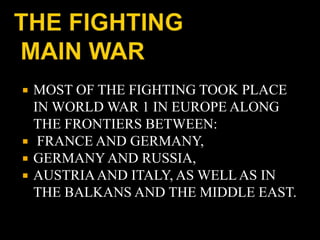  MOST OF THE FIGHTING TOOK PLACE 
IN WORLD WAR 1 IN EUROPE ALONG 
THE FRONTIERS BETWEEN: 
 FRANCE AND GERMANY, 
 GERMANY AND RUSSIA, 
 AUSTRIA AND ITALY, AS WELL AS IN 
THE BALKANS AND THE MIDDLE EAST. 
 