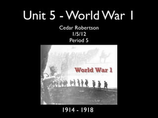 Unit 5 - World War 1
      Cedar Robertson
          1/5/12
         Period 5




      1914 - 1918
 