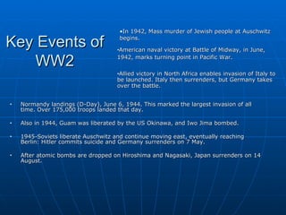 Key Events of WW2 Normandy landings (D-Day), June 6, 1944. This marked the largest invasion of all time. Over 175,000 troops landed that day.  Also in 1944, Guam was liberated by the US Okinawa, and Iwo Jima bombed.  1945-Soviets liberate Auschwitz and continue moving east, eventually reaching Berlin: Hitler commits suicide and Germany surrenders on 7 May. After atomic bombs are dropped on Hiroshima and Nagasaki, Japan surrenders on 14 August.  In 1942, Mass murder of Jewish people at Auschwitz begins. American naval victory at Battle of Midway, in June, 1942, marks turning point in Pacific War.   Allied victory in North Africa enables invasion of Italy to be launched. Italy then surrenders, but Germany takes over the battle.  