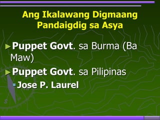 Ang Ikalawang Digmaang
Pandaigdig sa Asya
►Puppet Govt. sa Burma (Ba
Maw)
►Puppet Govt. sa Pilipinas
Jose P. Laurel
 