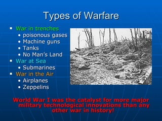 Types of Warfare War in trenches poisonous gases Machine guns Tanks No Man’s Land War at Sea Submarines War in the Air Airplanes Zeppelins World War I was the catalyst for more major military technological innovations than any other war in history!  