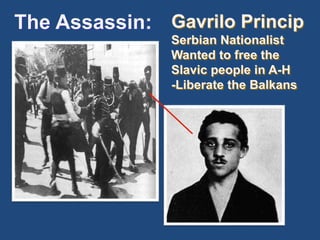The Assassin: Gavrilo Princip 
Serbian Nationalist 
Wanted to free the 
Slavic people in A-H 
-Liberate the Balkans 
 