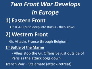 Two Front War Develops 
in Europe 
1) Eastern Front 
Gr. & A-H push deep into Russia - then slows 
2)Western Front 
Gr. Attacks France through Belgium 
1st Battle of the Marne 
- Allies stop the Gr. Offensive just outside of 
Paris as the attack bogs down 
Trench War – Stalemate (attack-retreat) 
 