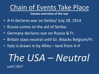 Chain of Events Take Place 
Canvas-overview of the war 
• A-H declares war on Serbia/ July 28, 1914 
• Russia comes to the aid of Serbia 
• Germany declares war on Russia & Fr. 
• Britain stays neutral until Gr. Attacks Belgium/Fr. 
• Italy is drawn in by Allies – land from A-H 
The USA – Neutral 
until 1917 
 