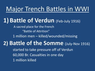 Major Trench Battles in WWI 
1) Battle of Verdun (Feb-July 1916) 
A sacred place for the French 
“Battle of Attrition” 
1 million men – killed/wounded/missing 
2) Battle of the Somme (July-Nov 1916) 
started to take pressure off of Verdun 
60,000 Br. Casualties in one day 
1 million killed 
 