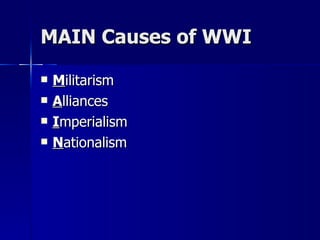 MAIN Causes of WWI M ilitarism A lliances I mperialism N ationalism 