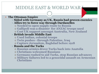 MIDDLE EAST & WORLD WAR I
 The Ottoman Empire
 Sided with Germany as UK, Russia had proven enemies
 Allies try to force way through Dardanelles
 Needed to open supply route to Russia
 Gallipoli was a disaster for ANZAC troops used
 Cost UK support amongst Australia, New Zealand
 British invade Middle East
 Used Indian, colonial troops
 Twin pushes - through Palestine, Iraq
 Capture Jerusalem, Baghdad before 1918
 Russia and the Turks
 Russian armies drove Turks back into Anatolia
 Christians welcomed Russians
 Germans rushed to aid Turks, stop Russian advances
 Military failures led to a genocidal assault on Armenian
Christians
 