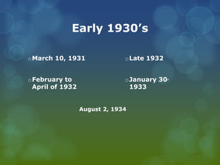 Early 1930’sMarch 10, 1931February to April of 1932Late 1932January 30, 1933August 2, 1934