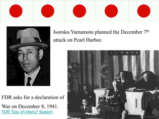 Isoroku Yamamoto planned the December 7th
                             attack on Pearl Harbor.




FDR asks for a declaration of
War on December 8, 1941.
FDR "Day of Infamy" Speech
 
