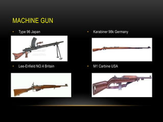 MACHINE GUN
•

Type 96 Japan

•

Karabiner 98k Germany

•

Lee-Enfield NO.4 Britain

•

M1 Carbine USA

 