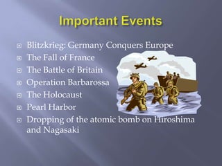 Important EventsBlitzkrieg: Germany Conquers EuropeThe Fall of FranceThe Battle of BritainOperation BarbarossaThe HolocaustPearl HarborDropping of the atomic bomb on Hiroshima and Nagasaki