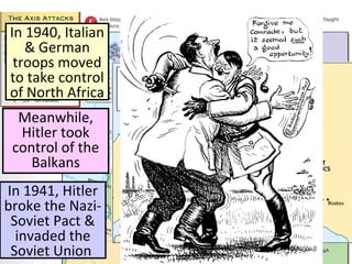 In 1940, Italian
& German
troops moved
to take control
of North Africa
Meanwhile,
Hitler took
control of the
Balkans
In 1941, Hitler
broke the Nazi-
Soviet Pact &
invaded the
Soviet Union
 