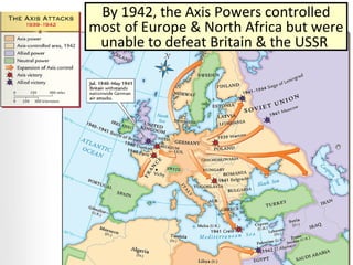 By 1942, the Axis Powers controlled
most of Europe & North Africa but were
unable to defeat Britain & the USSR
 