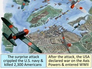 On December 7, 1941
Japan attacked the U.S.
naval base at Pearl
Harbor in Hawaii
The surprise attack
crippled the U.S. navy &
killed 2,300 Americans
After the attack, the USA
declared war on the Axis
Powers & entered WWII
 