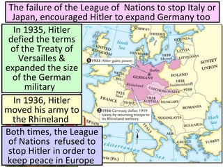 In 1935, Hitler
defied the terms
of the Treaty of
Versailles &
expanded the size
of the German
military
The failure of the League of Nations to stop Italy or
Japan, encouraged Hitler to expand Germany too
In 1936, Hitler
moved his army to
the Rhineland
Both times, the League
of Nations refused to
stop Hitler in order to
keep peace in Europe
 