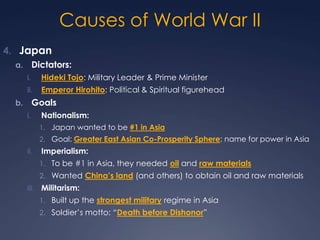 Causes of World War II
4. Japan
Dictators:

a.
i.

Hideki Tojo: Military Leader & Prime Minister

ii.

Emperor Hirohito: Political & Spiritual figurehead

Goals

b.
i.

Nationalism:
1. Japan wanted to be #1 in Asia

2. Goal: Greater East Asian Co-Prosperity Sphere: name for power in Asia

ii.

Imperialism:
1. To be #1 in Asia, they needed oil and raw materials
2. Wanted China’s land (and others) to obtain oil and raw materials

iii. Militarism:
1. Built up the strongest military regime in Asia
2. Soldier’s motto: “Death before Dishonor”

 