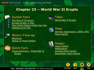 Chapter 23 – World War II Erupts

Section Notes                      Video
The Rise of Dictators              World War II Erupts
Europe Erupts in War
The United States Enters the War
Mobilizing for War                 Maps
                                   German Aggression, 1938–1941
                                   Pearl Harbor
History Close-up
Blitzkrieg
Attack on Pearl Harbor
                                   Images
                                   Jesse Owens
Quick Facts                        Mobilization
Visual Summary: World War II       Avenge Pearl Harbor
  Erupts                           Remember Pearl Harbor
 