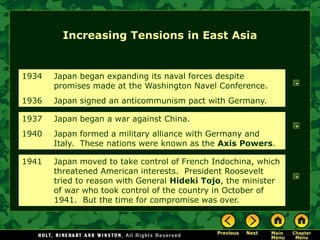 Increasing Tensions in East Asia


1934   Japan began expanding its naval forces despite
       promises made at the Washington Navel Conference.
1936   Japan signed an anticommunism pact with Germany.

1937   Japan began a war against China.
1940   Japan formed a military alliance with Germany and
       Italy. These nations were known as the Axis Powers.

1941   Japan moved to take control of French Indochina, which
       threatened American interests. President Roosevelt
       tried to reason with General Hideki Tojo, the minister
       of war who took control of the country in October of
       1941. But the time for compromise was over.
 