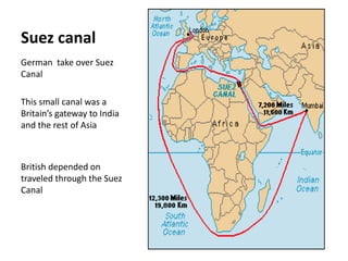 Suez canal
German take over Suez
Canal

This small canal was a
Britain’s gateway to India
and the rest of Asia



British depended on
traveled through the Suez
Canal
 