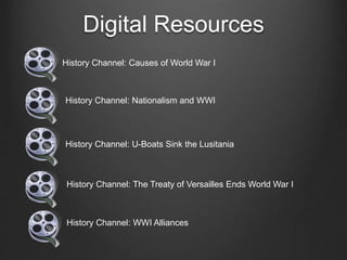 Digital Resources
History Channel: Causes of World War I
History Channel: The Treaty of Versailles Ends World War I
History Channel: U-Boats Sink the Lusitania
History Channel: Nationalism and WWI
History Channel: WWI Alliances
 