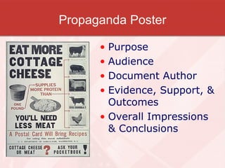 Propaganda Poster

      • Purpose
      • Audience
      • Document Author
      • Evidence, Support, &
        Outcomes
      • Overall Impressions
        & Conclusions
 