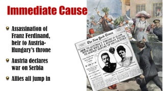 Assassination of
Franz Ferdinand,
heir to Austria-
Hungary’s throne
Austria declares
war on Serbia
Allies all jump in
Immediate Cause
 
