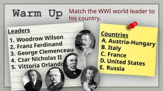 Countries
A. Austria-Hungary
B. Italy
C. France
D. United States
E. Russia
Warm Up Match the WWI world leader to
his country.
Leaders
1. Woodrow Wilson
2. Franz Ferdinand
3. George Clemenceau
4. Czar Nicholas II
5. Vittoria Orlando
 