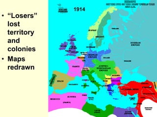 • “Losers”
lost
territory
and
colonies
• Maps
redrawn
1914
 