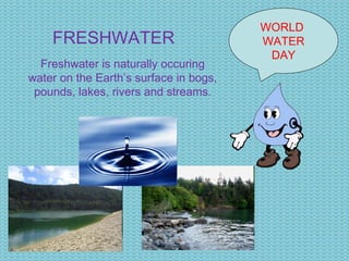 WORLD  WATER DAY FRESHWATER Freshwater is naturally occuring water on the Earth’s surface in bogs, pounds, lakes, rivers and streams. 