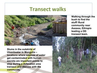 Transect walks  Walking through the bush to find the stuff! Rural community near Awassa, Ethiopia leading a OD transect team. Slums in the outskirts of Ulaanbaatar in Mongolia – locations where sources of water get contaminated with human excreta are important points to stop during a defecation area transect and discuss with the community. 