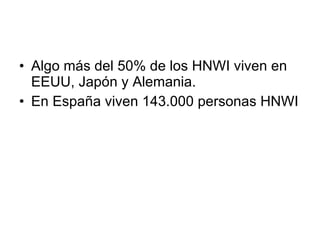 Algo más del 50% de los HNWI viven en EEUU, Japón y Alemania. En España viven 143.000 personas HNWI 