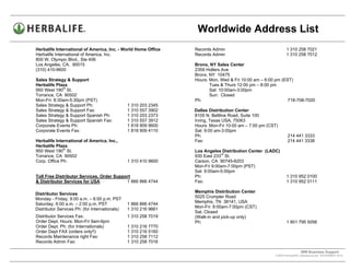 Worldwide Address List
Herbalife International of America, Inc. - World Home Office     Records Admin                               1 310 258 7021
Herbalife International of America, Inc.                         Records Admin                               1 310 258 7012
800 W. Olympic Blvd., Ste 406
Los Angeles, CA. 90015                                           Bronx, NY Sales Center
(310) 410-9600                                                   2359 Hollers Ave
                                                                 Bronx, NY 10475
Sales Strategy & Support                                         Hours: Mon, Wed & Fri 10:00 am – 6:00 pm (EST)
Herbalife Plaza                                                         Tues & Thurs 12:00 pm – 8:00 pm
950 West 190th St.                                                      Sat: 10:00am-3:00pm
Torrance, CA 90502                                                      Sun: Closed
Mon-Fri: 8:30am-5:30pm (PST)                                     Ph:                                         718-708-7020
Sales Strategy & Support Ph:                    1 310 203 2345
Sales Strategy & Support Fax:                   1 310 557 3902   Dallas Distribution Center
Sales Strategy & Support Spanish Ph:            1 310 203 2373   8105 N. Beltline Road, Suite 100
Sales Strategy & Support Spanish Fax:           1 310 557 3912   Irving, Texas USA, 75063
Corporate Events Ph:                            1 818 909 9600   Hours: Mon-Fri 10:00 am – 7:00 pm (CST)
Corporate Events Fax:                           1 818 909 4110   Sat: 9:00 am-3:00pm
                                                                 Ph:                                          214 441 3333
Herbalife International of America, Inc.,                        Fax:                                         214 441 3338
Herbalife Plaza
              th
950 West 190 St.                                                 Los Angeles Distribution Center (LADC)
                                                                             rd
Torrance, CA 90502                                               930 East 233 St.
Corp. Office Ph:                                1 310 410 9600   Carson, CA 90745-6203
                                                                 Mon-Fri 9:00am-7:00pm (PST)
                                                                 Sat: 9:00am-5:00pm
Toll Free Distributor Services, Order Support                    Ph:                                         1 310 952 0100
& Distributor Services for USA             1 866 866 4744        Fax:                                        1 310 952 0111

                                                                 Memphis Distribution Center
Distributor Services
Monday - Friday, 9:00 a.m. – 6:00 p.m. PST                       5025 Crumpler Road
                                                                 Memphis, TN 38141, USA
Saturday, 6:00 a.m. – 2:00 p.m. PST             1 866 866 4744
                                                                 Mon-Fri: 8:00am-7:00pm (CST)
Distributor Services Ph: (for Internationals)   1 310 216 9661
                                                                 Sat. Closed
Distributor Services Fax:                       1 310 258 7019   (Walk-in and pick-up only)
Order Dept. Hours: Mon-Fri 9am-6pm                               Ph:                                         1 901 795 5056
Order Dept. Ph: (for Internationals)            1 310 216 7770
Order Dept FAX (orders only!!)                  1 310 216 5160
Records Maintenance right Fax:                  1 310 258 7112
Records Admin Fax:                              1 310 258 7016

                                                                                                                       WW Business Support .
                                                                                                      S:WWTraining/WW_AddressList.doc NOVEMBER, 2010
                                                                                                .
 
